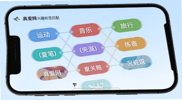 真爱网兴趣标签匹配界面,手机屏幕显示多个彩色兴趣标签如运动、音乐、旅行等,标签之间有连线表示匹配关系,背景为浅蓝色渐变,风格现代简洁,适配Boogu模型生成