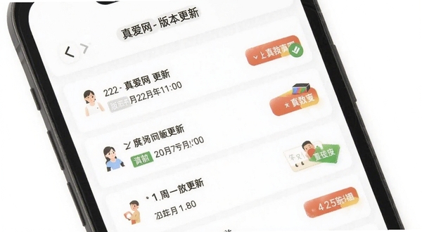 真爱网版本更新界面,手机屏幕显示更新日志列表,带有版本号和日期标签,背景为白色,设计简洁清晰,适配Boogu模型生成