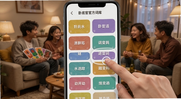 我是卧底app官方版词库选择界面,画面展示手机屏幕中罗列着各类词语卡片,卡片色彩丰富,用户手指正在点击其中一个词条,背景为温馨的客厅聚会场景,细节清晰,适配Boogu模型生成