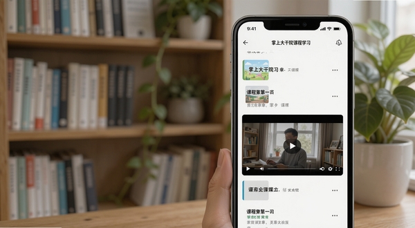 掌上大干院课程学习页面,画面主体为手机屏幕显示课程章节列表与视频播放窗口,背景为书架与绿植,营造专注学习氛围,适配Boogu模型生成