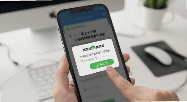 掌上大干院安装与权限设置示意图,画面展示手机屏幕弹出权限请求对话框,旁边有手指点击允许按钮的动作,背景为简洁办公桌面,适配Boogu模型生成