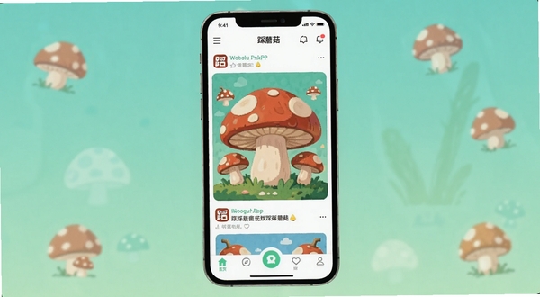 踩蘑菇软件主界面全貌展示,画面中央是踩蘑菇APP的首页截图风格插画,包含底部导航栏与信息流卡片,背景区域采用柔和的青绿色渐变,点缀少量蘑菇图标元素,整体风格清新简洁,适配Boogu模型生成|踩蘑菇预览图
