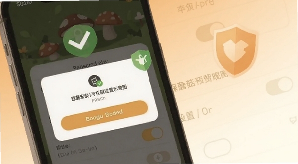 踩蘑菇安装与权限设置示意图,画面主体为手机屏幕中的权限弹窗与设置开关,背景区域为浅橙色到米白色的柔和渐变,画面中加入对勾与盾牌图标元素,整体风格温馨实用,适配Boogu模型生成|踩蘑菇预览图
