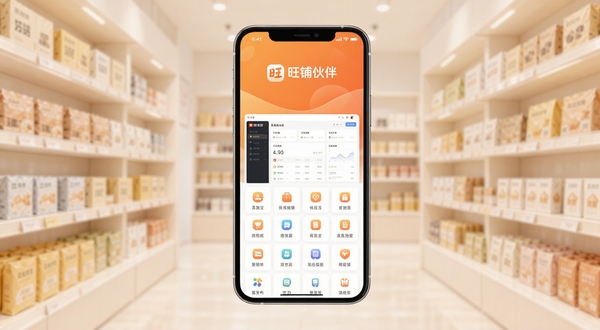 旺铺伙伴App主界面展示,手机屏幕居中放置,画面中心为店铺经营数据看板与功能图标矩阵,背景为暖橙色渐变与浅色货架虚化场景,整体风格清爽商务,突出旺铺伙伴品牌标识
