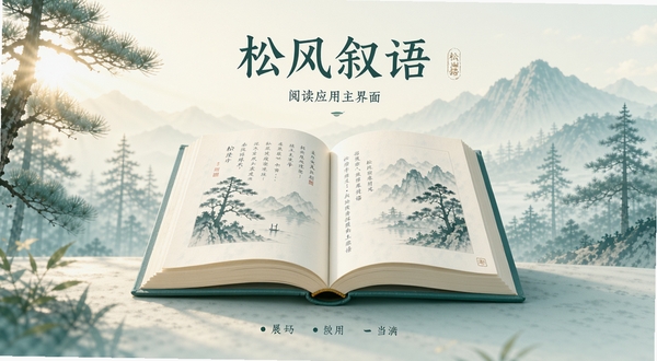 松风叙语阅读应用主界面展示,画面中央是一本翻开的电子书,背景是淡雅的松林与远山,柔和的晨光从左侧洒入,整体色调以青绿和米白为主,风格清新宁静,适合作为软件介绍头图