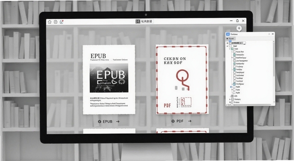 松风叙语软件内多格式文档解析界面,屏幕中央显示EPUB与PDF文件并列排列,背景为浅灰色书架样式,画面右侧有目录树浮窗,整体风格简约商务