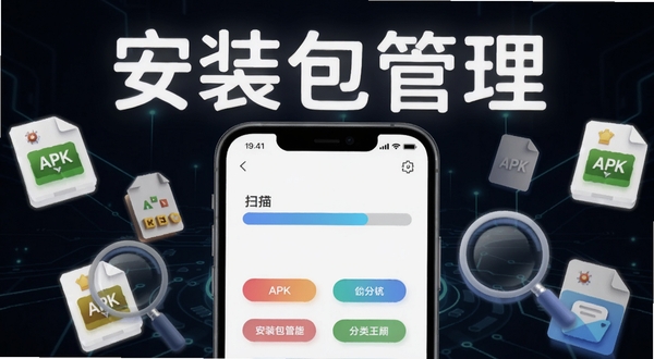 安装包管理智能扫描功能展示图,画面中心为手机界面呈现扫描进度条与分类标签,背景为深色科技风格,周围漂浮APK文件图标与放大镜元素,软件名称安装包管理以柔和光效呈现,适配Boogu模型生成