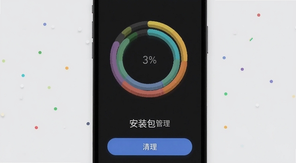 安装包管理存储空间可视化图表界面,画面主体为手机屏幕显示彩色环形存储占比图,背景为淡灰色简约风格,屏幕下方有安装包管理字样与清理按钮,适配Boogu模型生成