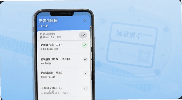 安装包管理版本更新功能展示图,画面主体为手机屏幕显示更新日志列表与对勾图标,背景为浅蓝色渐变,屏幕上方有安装包管理名称与版本号v1.2.6,适配Boogu模型生成