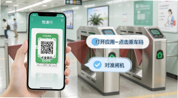 悦通行使用教程示意图,画面展示一部手机正在展示乘车码扫码过闸的场景,旁边有悬浮的步骤提示气泡标注“打开应用-点击乘车码-对准闸机”,背景是地铁闸机口,整体风格简洁明快,适合作为教程配图