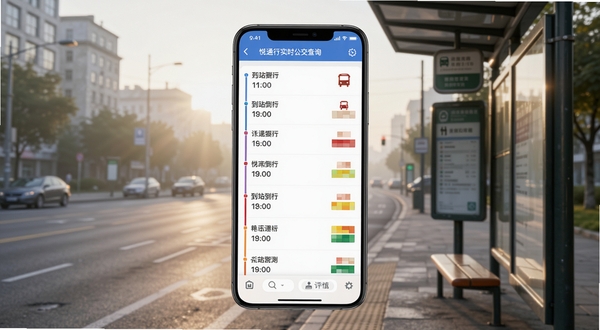 悦通行实时公交查询界面手机预览图,画面主体为一部竖屏手机,屏幕内显示多条公交线路的到站倒计时和拥挤度色块标识,背景区域是清晨城市街道与公交站牌,光线柔和,风格写实清新