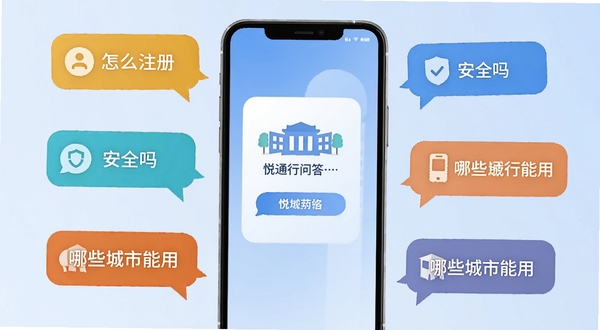 悦通行问答场景配图,画面以手机屏幕为中心,周围环绕多个对话气泡,分别写着“怎么注册”“安全吗”“哪些城市能用”,背景是淡蓝色渐变,风格扁平化,适合作为问答区配图