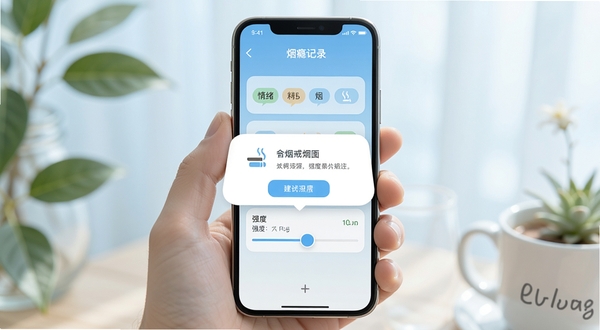 轻快戒烟app烟瘾记录界面,手机屏幕显示情绪标签与强度滑块,背景为柔和的蓝色调,画面中央有建议弹窗,整体风格清新自然