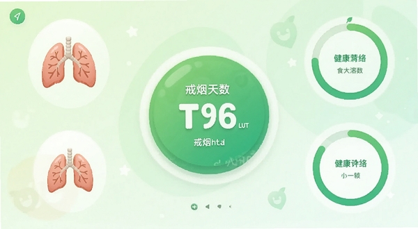 轻快戒烟app主界面清爽绿色主题,中心位置显示戒烟天数打卡按钮,背景区域为浅色渐变,周围环绕健康肺部图标与进度环,整体风格简洁明快,适配Boogu模型生成