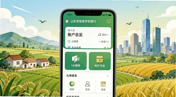 山东农信手机银行应用主界面展示,画面中央为手机屏幕显示账户总览与功能图标,背景为山东乡村田园与城市天际线融合的插画风格,主色调为绿色与金色,整体明亮清晰,Boogu模型生成