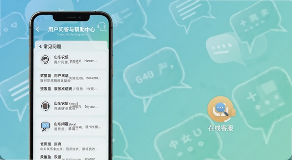 山东农信用户问答与帮助中心界面,手机屏幕显示常见问题列表与在线客服图标,背景为柔和的蓝绿色渐变与对话气泡元素,体现服务支持,Boogu模型生成