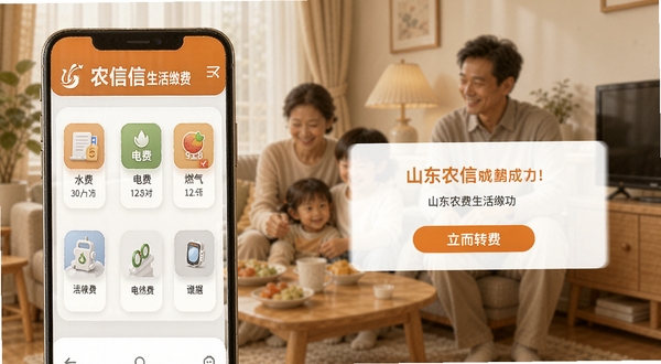 山东农信生活缴费页面,手机屏幕显示水费电费燃气费缴纳图标,背景为温馨家庭场景与缴费成功提示,配色为橙色与浅灰,体现生活便利,Boogu模型生成