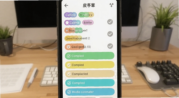 皮可宝待办清单界面,手机屏幕居中,背景为办公桌面,屏幕内显示彩色标签的任务列表,已完成项打勾灰色显示,未完成项高亮,适配Boogu模型生成