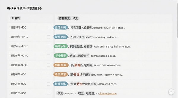 白板软件版本更新日志界面截图,画面展示清晰的版本号列表与更新条目,背景为浅色卡片式布局,突出新增与修复分类标签,整体风格简洁商务