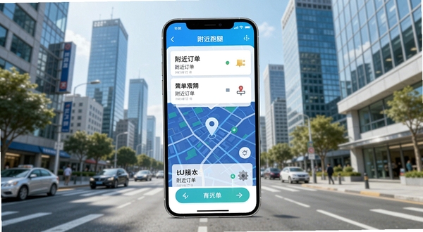 UU跑腿跑男端应用主界面展示,画面中央为手机屏幕显示附近订单列表与地图定位,背景为城市街道与写字楼群,整体色调明亮清新,突出接单场景
