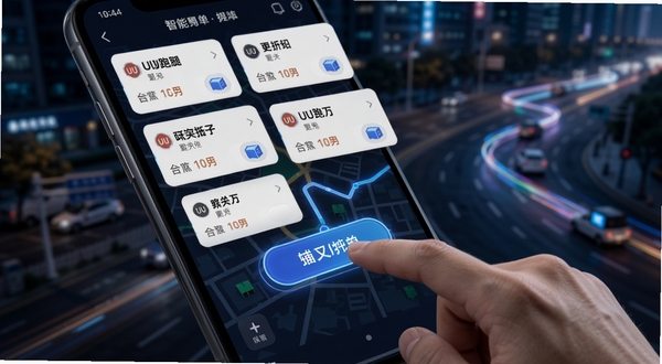 UU跑腿跑男端智能抢单界面特写,手机屏幕显示多个订单卡片悬浮在地图上方,跑男手指点击抢单按钮,背景为城市道路与配送路线光效,科技感十足