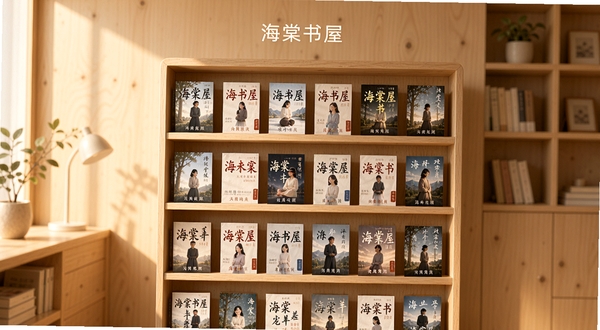 海棠书屋应用主界面展示,画面中央为书架排列整齐的小说封面,背景为温馨的浅木色书房环境,柔和暖光从左侧照入,整体风格清新简约,突出阅读氛围