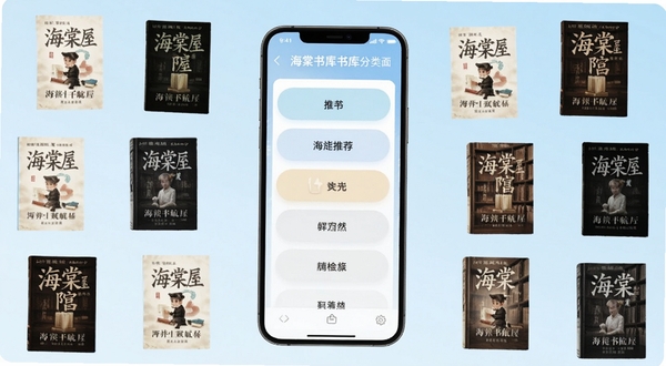海棠书屋书库分类界面,手机屏幕显示多个书籍分类标签,周围环绕漂浮的小说封面缩略图,背景为淡蓝色渐变,突出智能推荐与分类检索功能
