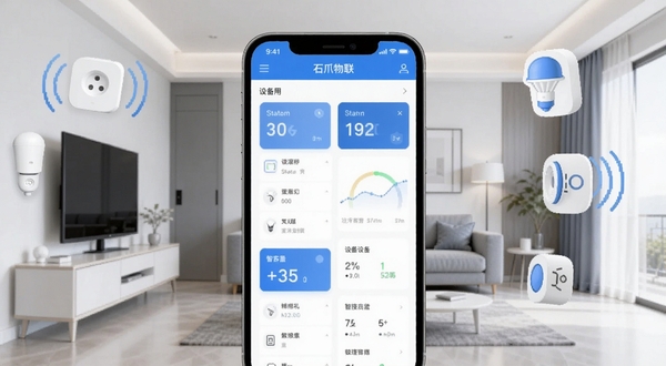 石爪物联软件主界面与智能设备连接管理场景,画面中央为手机屏幕展示石爪物联APP的设备列表与状态卡片,背景区域为简洁的现代家居环境,包含智能插座、灯具与传感器图标元素,整体色调为科技蓝与白色,画面风格清晰明快,适配Boogu模型生成