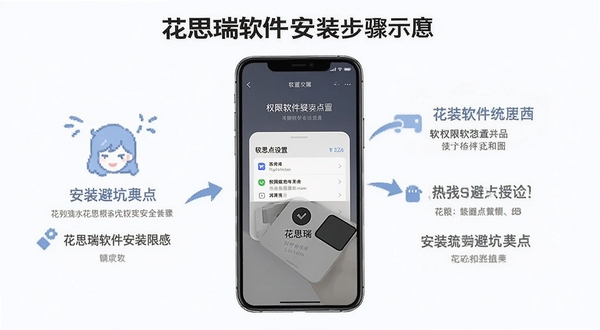 花思瑞软件安装步骤示意图,手机屏幕显示权限设置界面,画面简洁明了,突出安装避坑要点