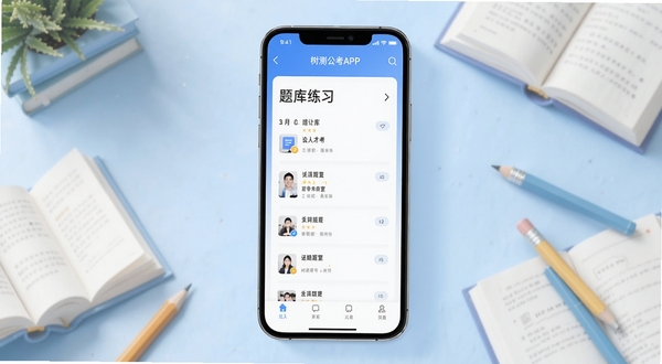 树测公考APP主界面展示,手机屏幕居中显示题库练习页面,背景为淡蓝色渐变学习场景,周围点缀书本与铅笔元素,整体风格清新简洁