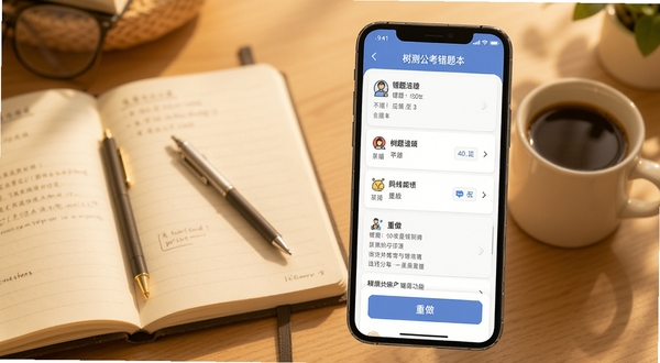 树测公考错题本功能界面,手机屏幕展示错题列表与重做按钮,背景为暖色调学习桌面,有笔记本和咖啡杯点缀