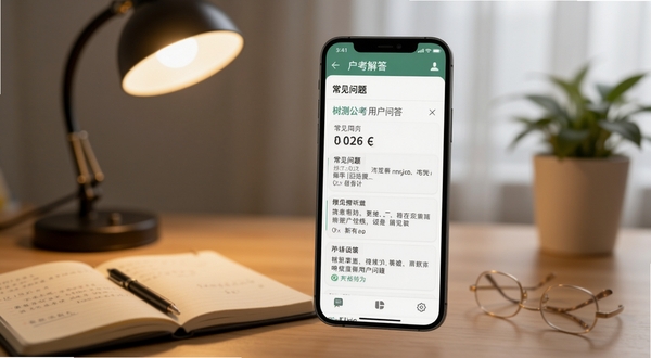 树测公考用户问答界面,手机屏幕展示常见问题列表与解答内容,背景为柔和的书桌场景,有台灯和笔记本