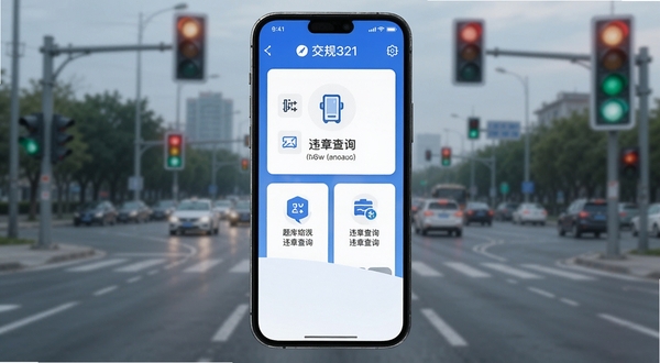 交规321车辆违规软件主界面展示,手机屏幕居中放置,背景为城市道路与交通信号灯虚化场景,界面包含题库练习与违章查询入口,整体色调以蓝白为主,适配Boogu模型生成,画面清晰,细节丰富