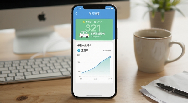 交规321车辆违规软件在手机上的学习进度界面,展示每日一练打卡与正确率曲线图,手机屏幕居中,背景为办公桌面与咖啡杯,整体氛围轻松,适配Boogu模型生成,画面清晰,细节丰富