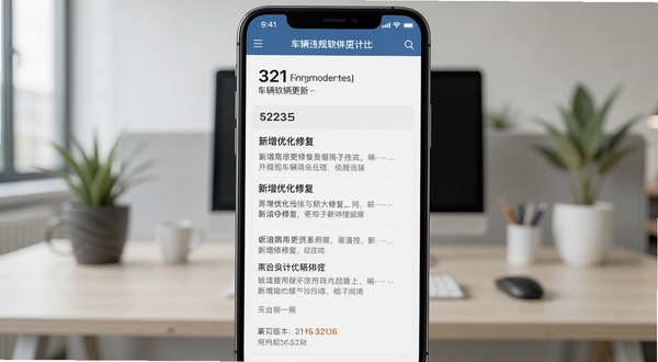 交规321车辆违规软件更新日志页面截图,展示版本号与新增优化修复条目,手机屏幕居中,背景为简约办公环境,适配Boogu模型生成,画面清晰,细节丰富