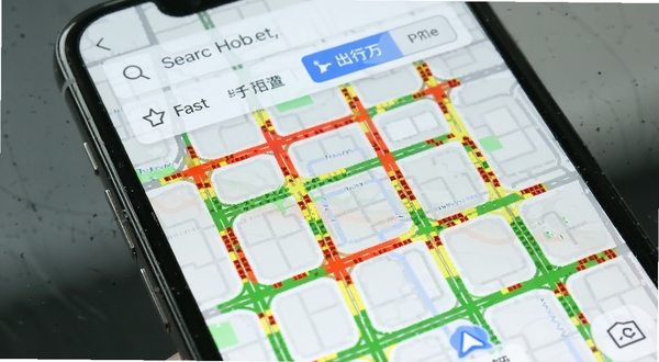 英歌舞出行实时路况界面特写,手机屏幕显示城市道路网格地图,道路以红黄绿三色标注拥堵状态,顶部有搜索框与出行方式切换按钮,画面明亮清晰,突出导航软件的实用感
