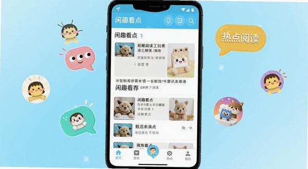闲趣看点 安卓手机 资讯阅读界面 展示 首页推荐流 和 底部导航栏 背景为明亮的浅蓝色渐变 画面中央是手机屏幕特写 周围点缀着 趣味图标 和 热点气泡 整体风格 轻松活泼 适配 Boogu 模型 生成