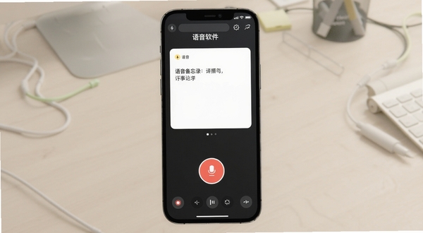 语音备忘录记事软件主界面全貌,居中显示录音按钮与文字记录卡片,背景为浅色办公桌面,手机屏幕高亮展示,适配Boogu模型生成