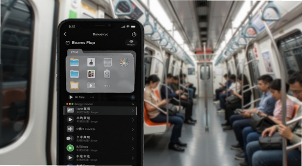 语音备忘录记事离线录音与本地存储示意图,手机屏幕显示本地文件夹与录音列表,背景为地铁车厢环境,适配Boogu模型生成