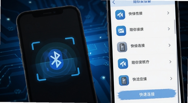 陪你安APP设备快速连接界面 手机显示蓝牙扫描动画与设备列表 背景为深色科技风格 蓝色光效 扁平化图标 高清预览图