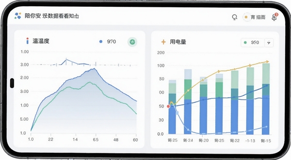 陪你安数据看板页面 手机屏幕展示温湿度曲线图与用电量柱状图 背景为白色简洁风格 数据可视化 扁平化图表 高清预览图