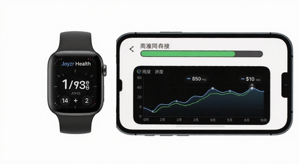Joyzr Health 数据同步与图表展示,画面左侧为智能手表,右侧为手机屏幕显示同步进度条与折线图,背景为干净白色,主体居中,适配 Boogu 模型生成