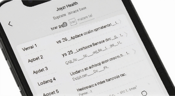 Joyzr Health 更新日志与版本记录界面,手机屏幕显示版本号列表和更新内容,背景为浅灰色,主体居中,适配 Boogu 模型生成