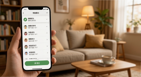 微聊记录还原用户问答场景展示,手机屏幕显示恢复成功列表与导出按钮,背景为温馨家居环境