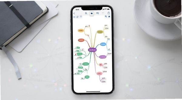 软件核心全貌展示图,画面中央是一台智能手机,屏幕上完整呈现思维导图(MindNode)的编辑界面,中心主题向外辐射出多个彩色分支节点,节点内含有文字与图标,手机背景区域是简洁的浅灰色办公桌面,桌面角落放置笔记本和咖啡杯,整体风格明亮清晰,突出移动端脑图制作场景,构图采用中心对称,手机位于画面正中央偏上,背景光效柔和,分辨率4K,细节精致