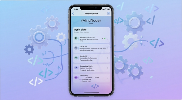 思维导图(MindNode)版本更新界面示意图,画面展示手机屏幕中软件关于页面,清晰列出更新日志条目,背景是柔和的蓝紫色渐变,屏幕周围漂浮着抽象的齿轮和代码符号,象征版本迭代与功能优化,整体风格简洁现代,手机居中放置,光线均匀,细节锐利