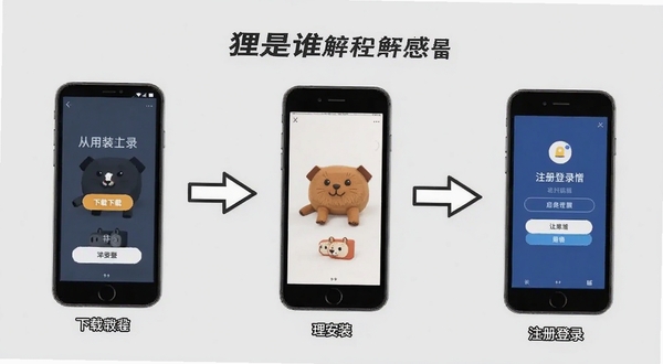 狸是谁 使用教程示意图,手机屏幕展示从下载到安装再到注册登录的完整流程,每一步都有箭头指引,背景为浅灰色,风格简洁明了