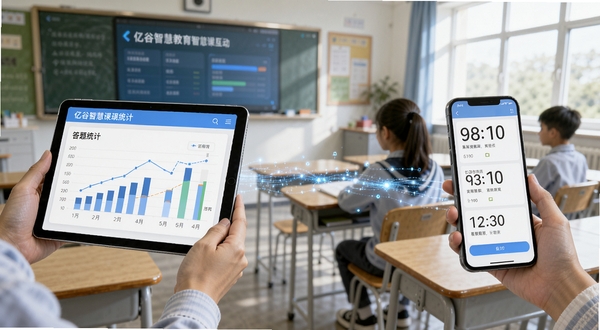亿谷智慧教育智慧课堂互动场景,画面左侧为教师端平板显示答题统计图表,右侧为学生端手机显示题目与倒计时,中间以数据流线条连接,背景为明亮教室环境,风格写实教育科技感,适配Boogu模型生成