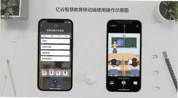 亿谷智慧教育移动端使用操作示意图,画面展示手机屏幕分屏对比,左侧为权限设置页面,右侧为直播课堂界面,背景为简洁灰色工作台,风格扁平化教学指引,适配Boogu模型生成