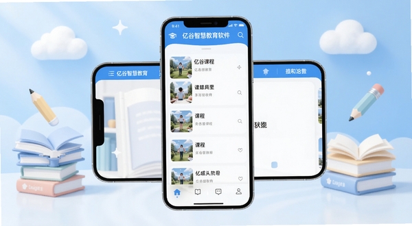 亿谷智慧教育软件主界面全貌展示,画面中央为手机屏幕显示课程列表与功能导航栏,背景区域为浅蓝色渐变教育主题空间,包含书本、铅笔、云朵等抽象元素,整体风格简洁清新,适配Boogu模型生成